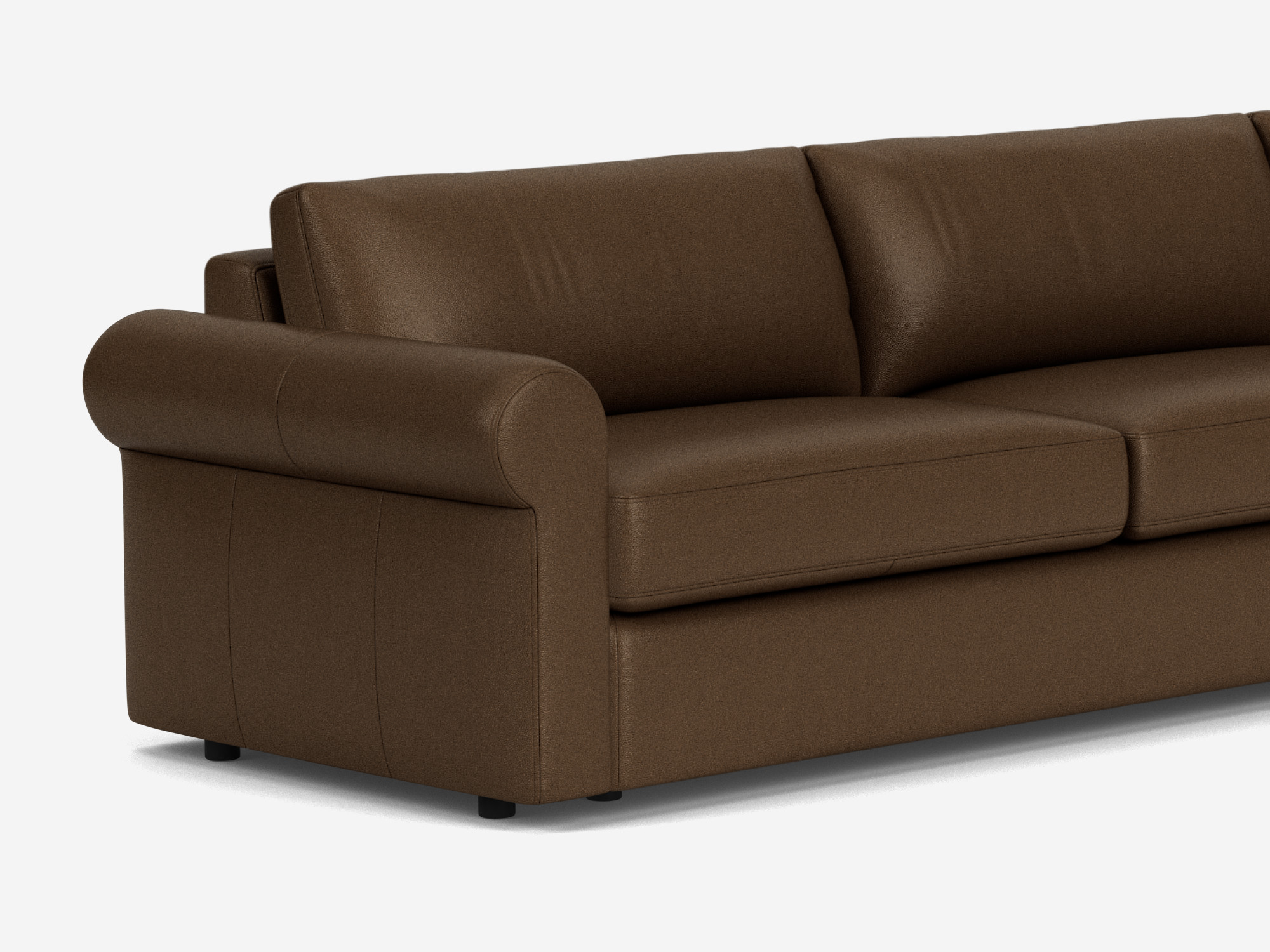 Detail view of brown leather 3-seat sofa with roll arms